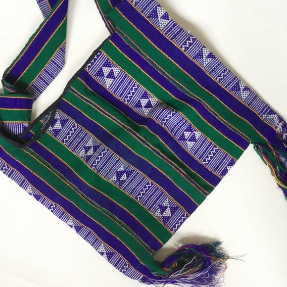 Purple & Green Woven Ethnic Geometric Pattern Tribal Shoulder Bag with Tassels - Picture 3 of 4